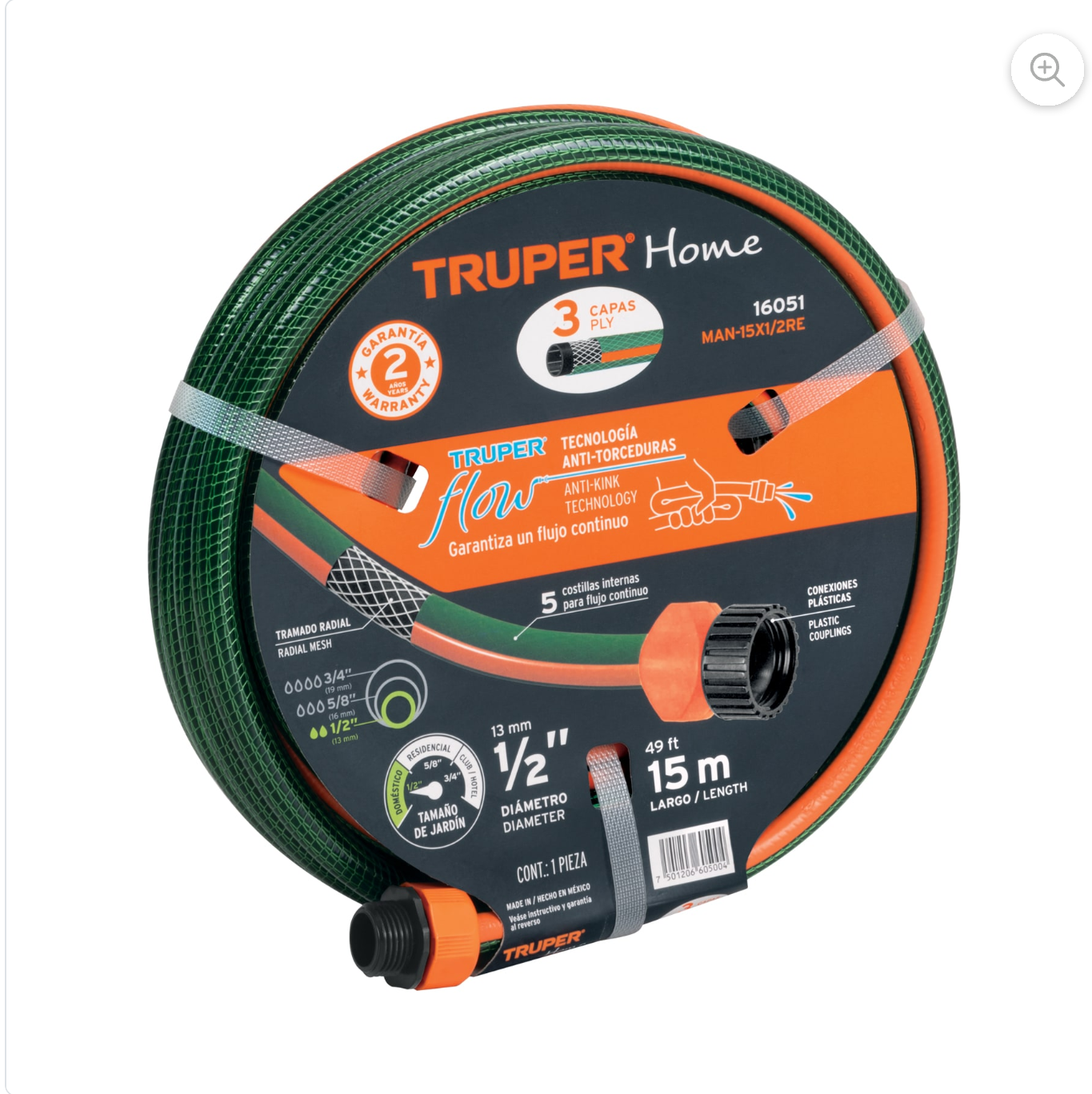 Manguera truper de 15 metros conexion plastica