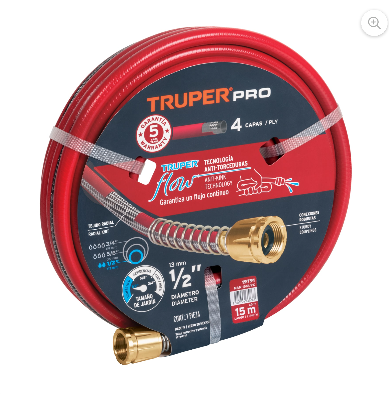 Manguera 1/2" super reforzada 4 capas 15 m conexiones metal